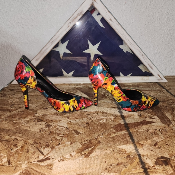 BRASH Colorful Floral Slip On Stiletto Heels Dress Shoes Women's (Multicolor)- 5 - Picture 3 of 9